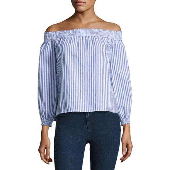Rag & Bone Drew Striped Off-the-Shoulder Top in Blue/White - Picture 1 of 8